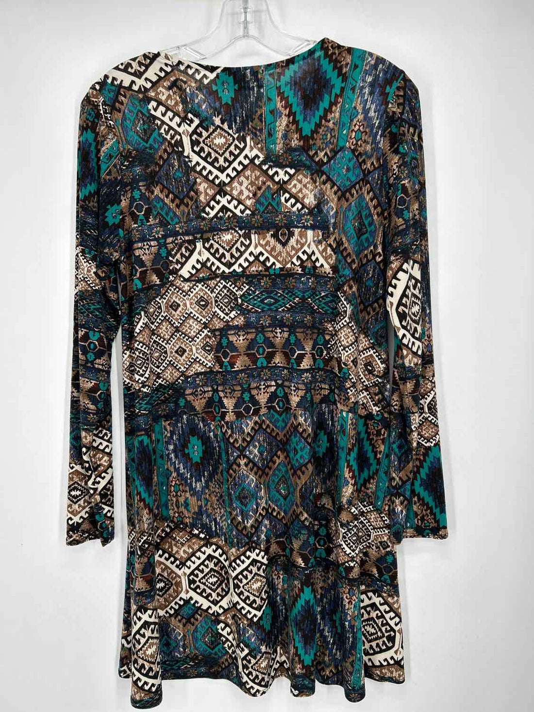 Veronica M Size L Teal & Blue Print Long Sleeve Dress