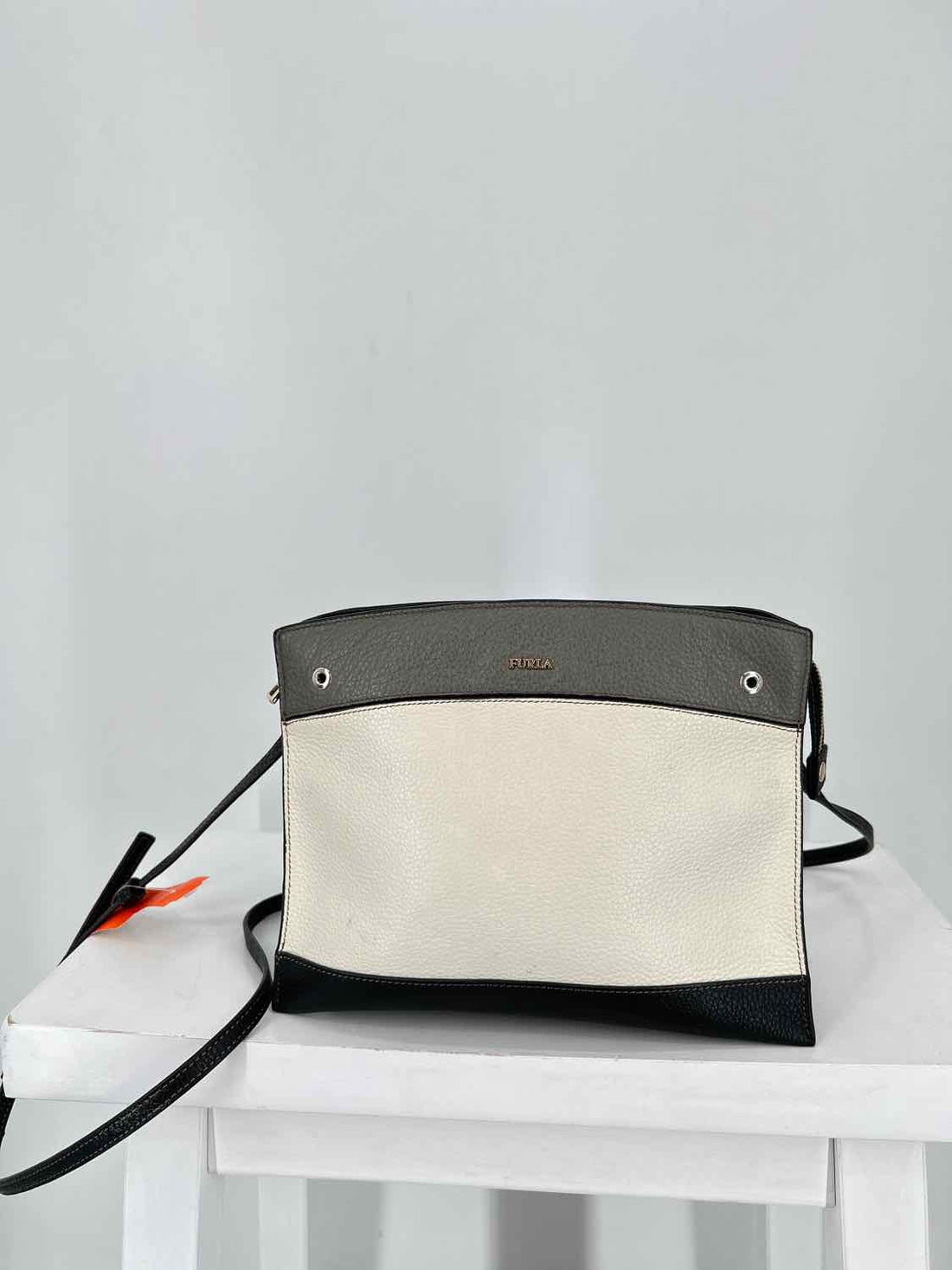 Furla Cream black & gray Pebbled Leather Crossbody