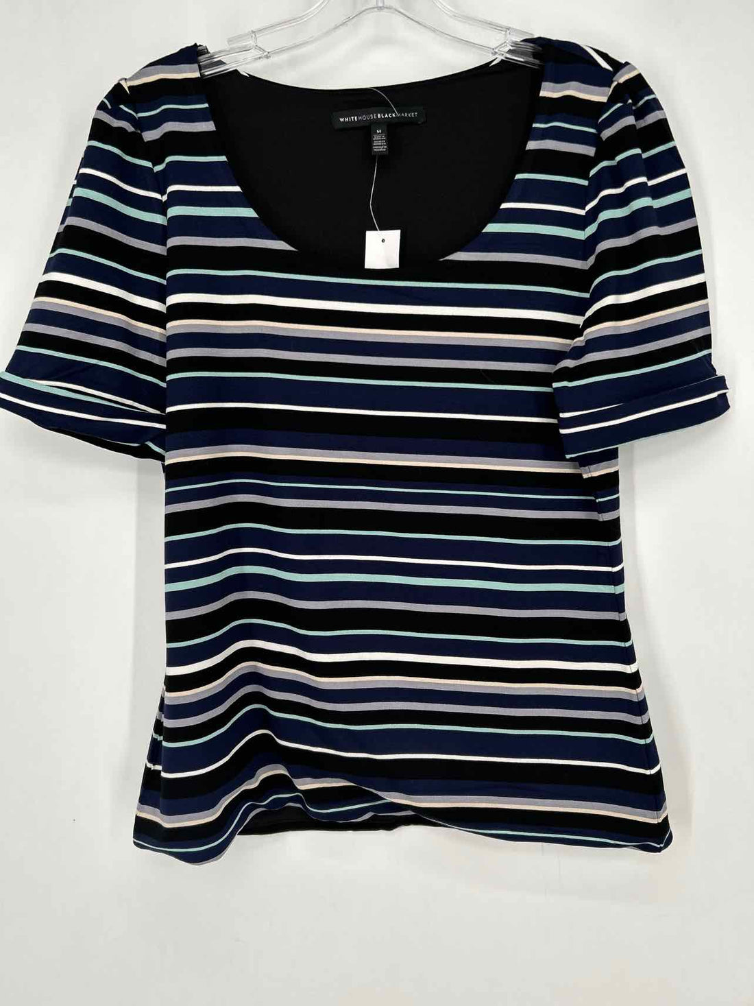 White House Black Market Size M Black & Blue Stripe NWT Short Sleeve