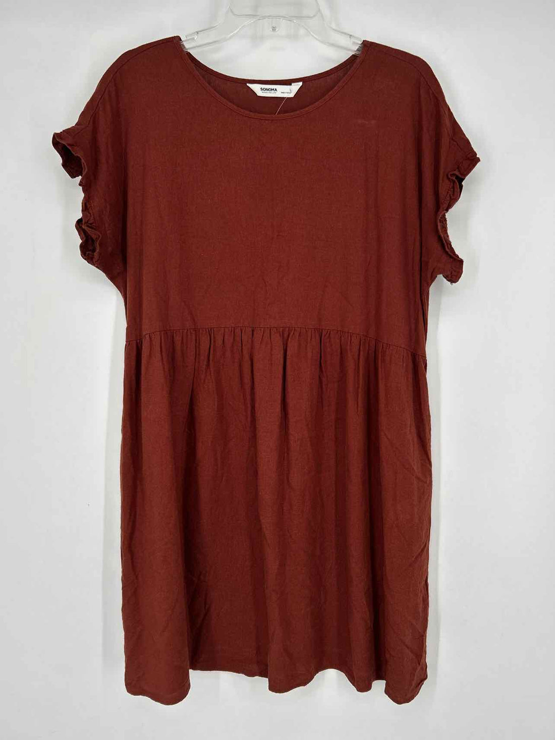 Sonoma Size L Brown Linen/Rayon Short Sleeve Dress