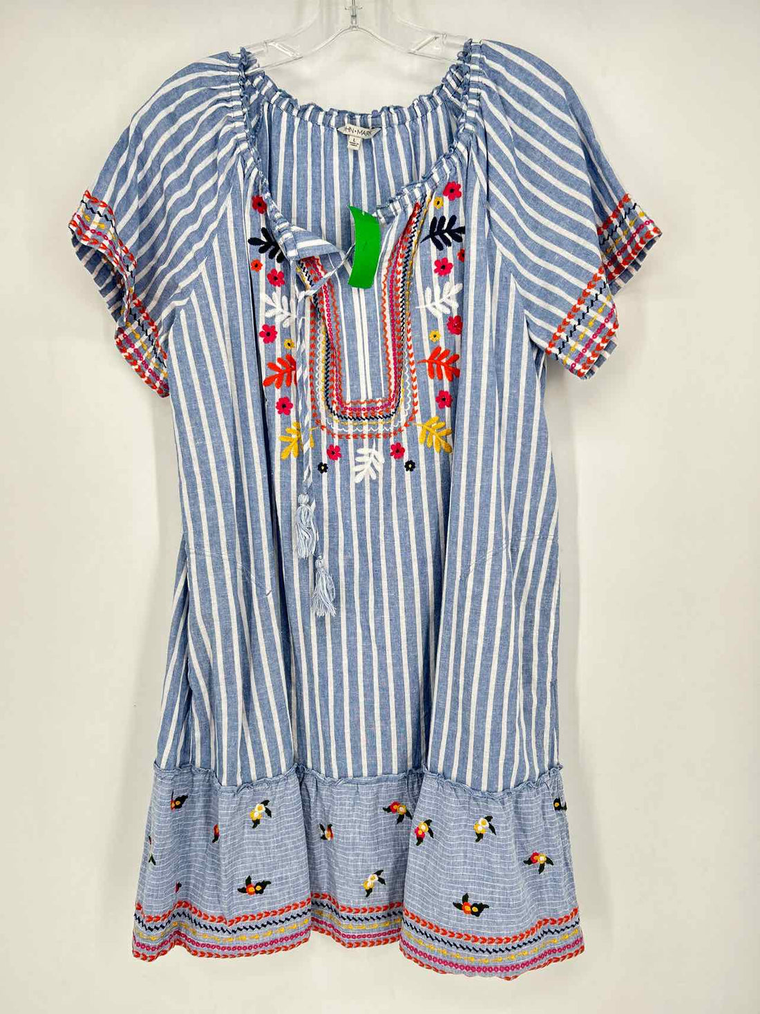 John Mark Size L Blue & White Striped Embroidered Dress