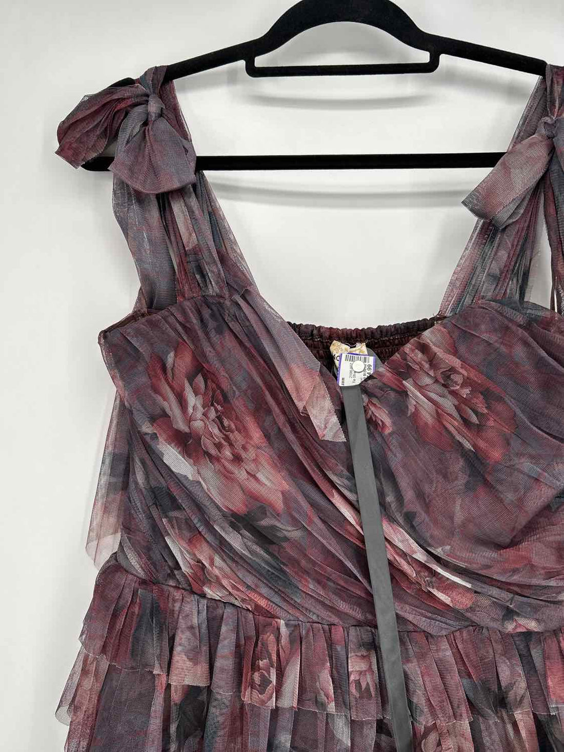 Lace & Beads Size L Gray & Maroon Floral Tulle Tie Straps Maxi