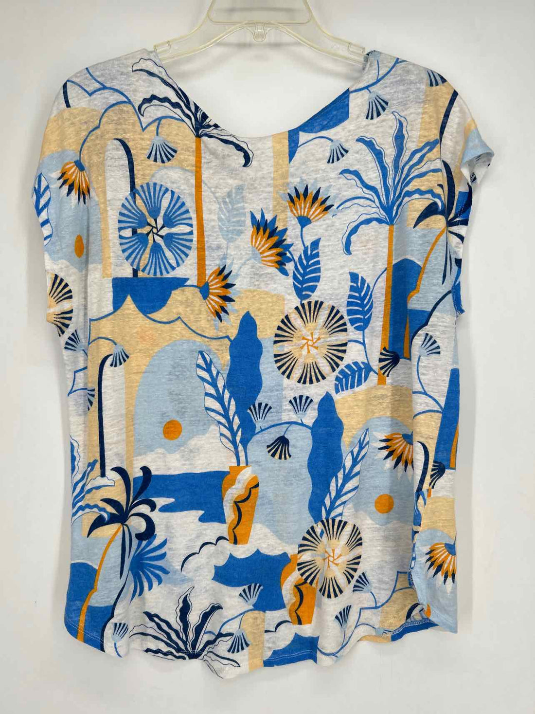 Nicole Miller Size XL Blue & White Print Linen Short Sleeve