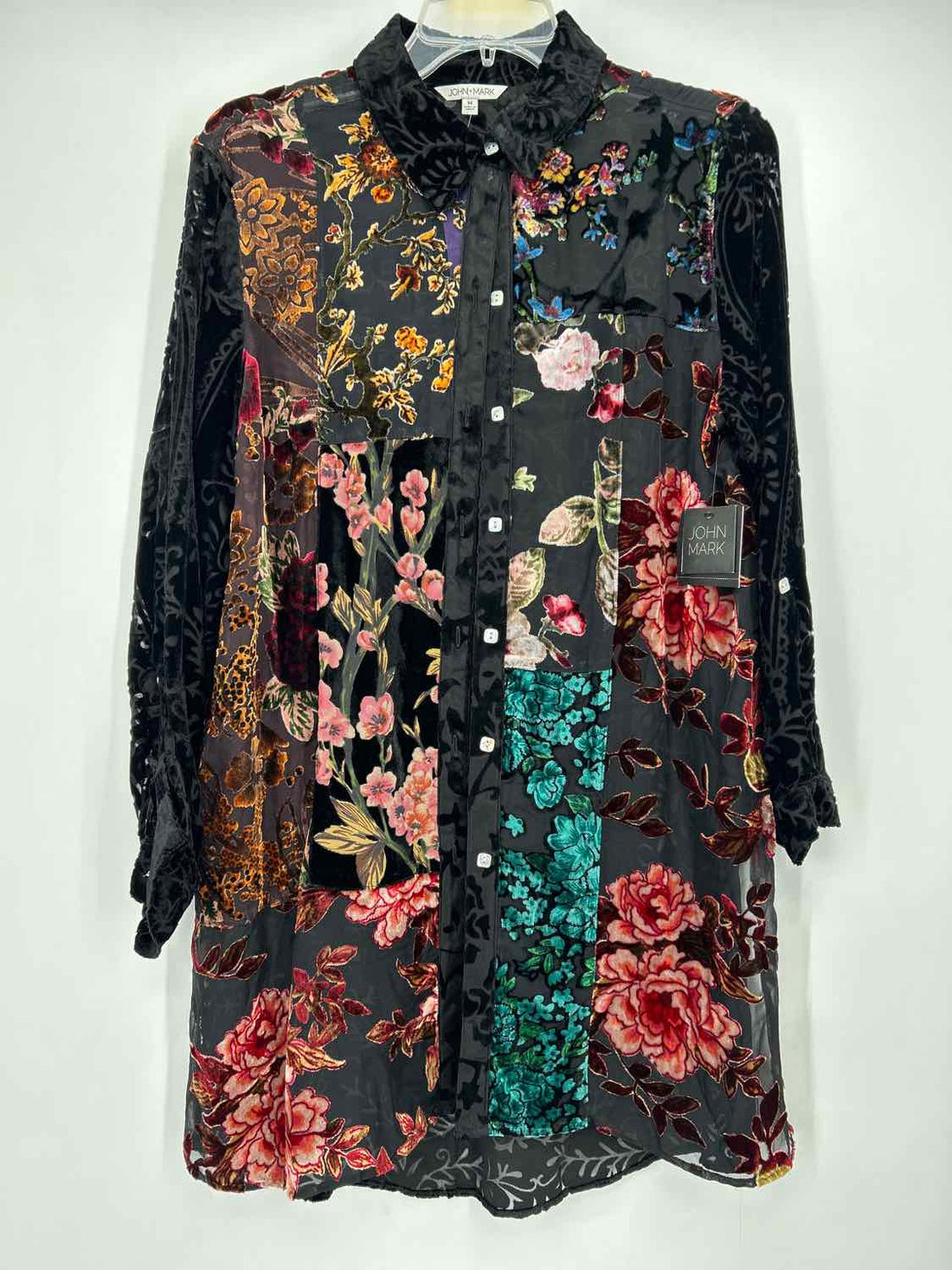 John Mark Size M Black Floral Velvet Burn Out Long Sleeve