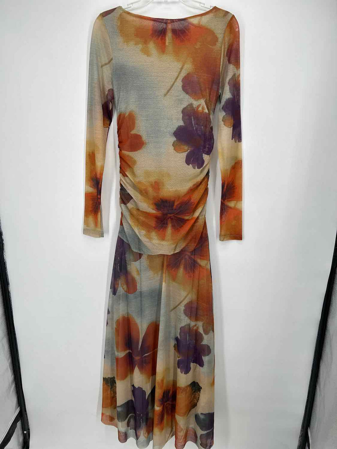 Free People Size M Orange & Purple Floral Mesh Long Sleeve Maxi