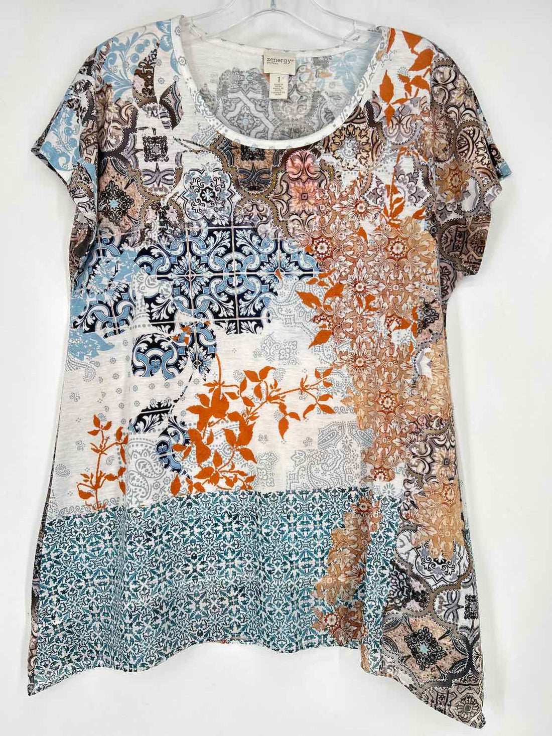 Zenergy by Chicos Size 1 (M) White & Blue Print Short Sleeve