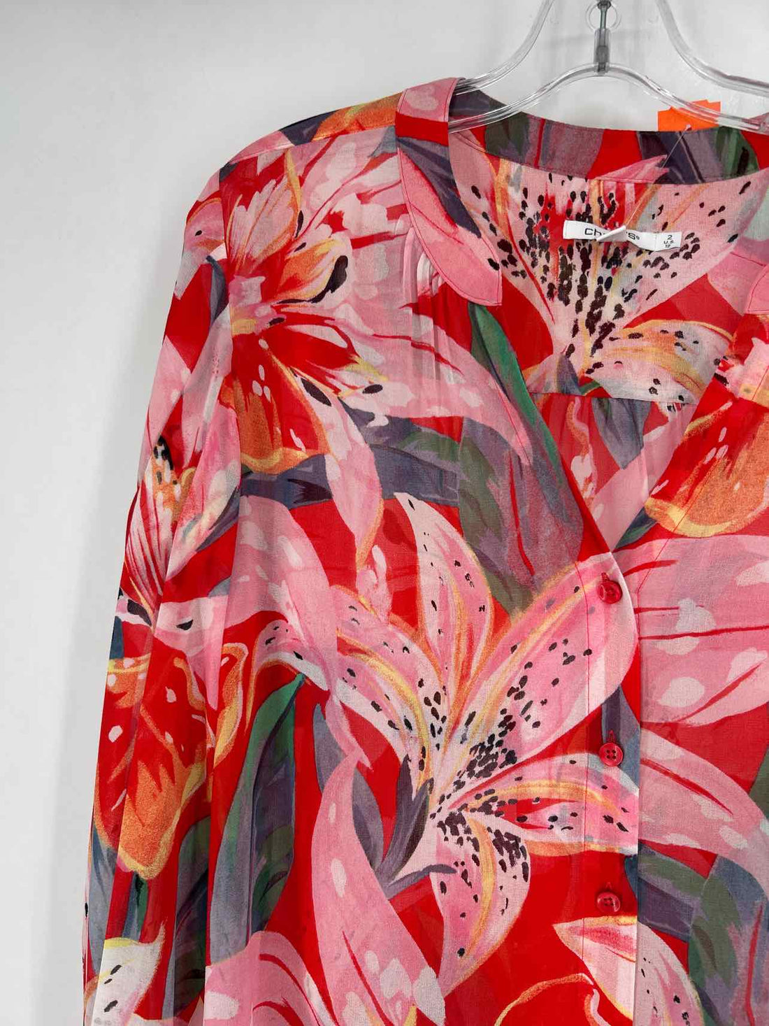 Chicos Size 2 (L) Pink & Red Print Long Sleeve