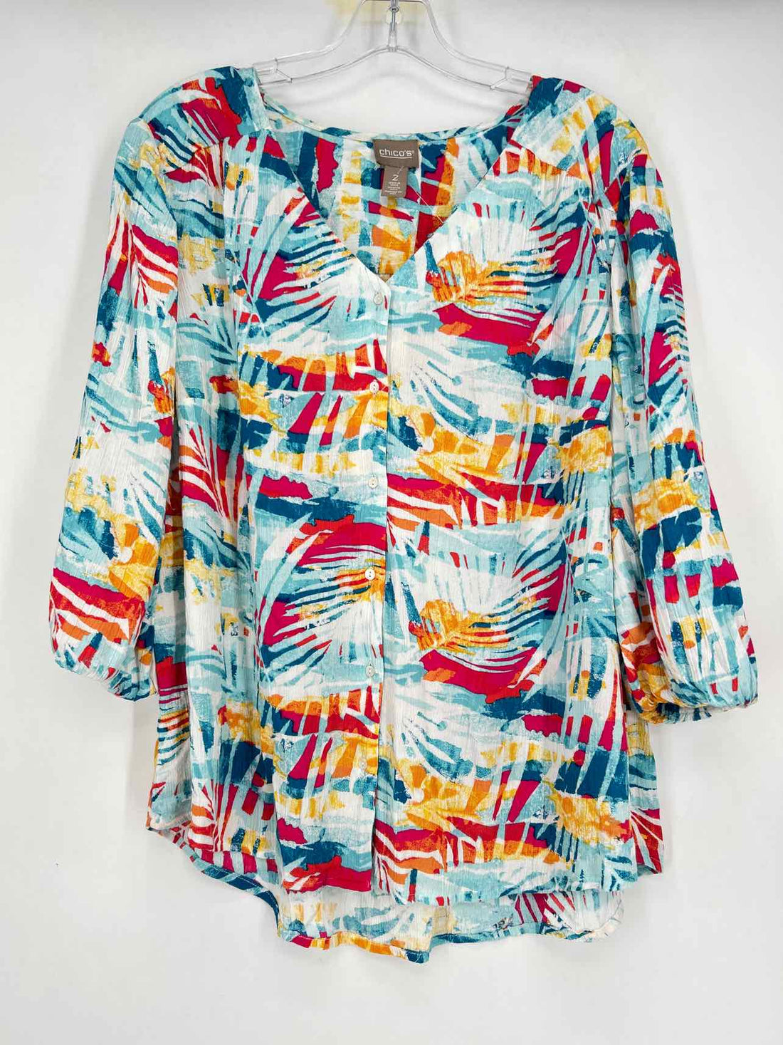 Chicos Size 2/L White & Blue Multi Color Long Sleeve