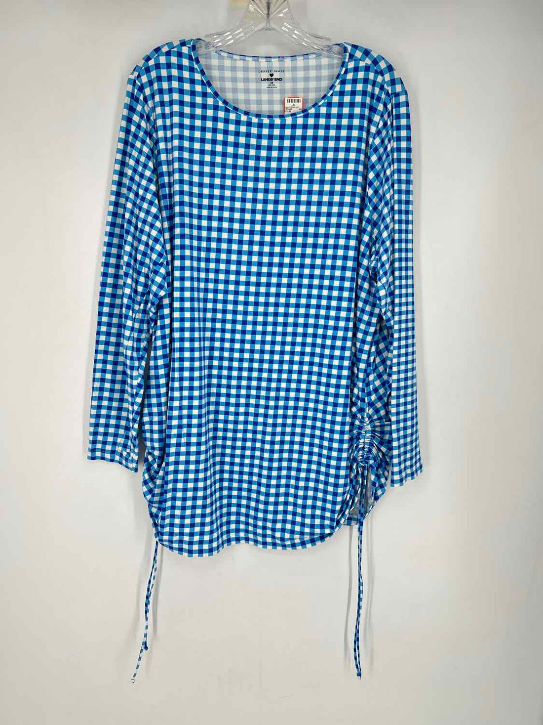 Land's End Size 2X Blue & White Gingham Long Sleeve Top/Blouse