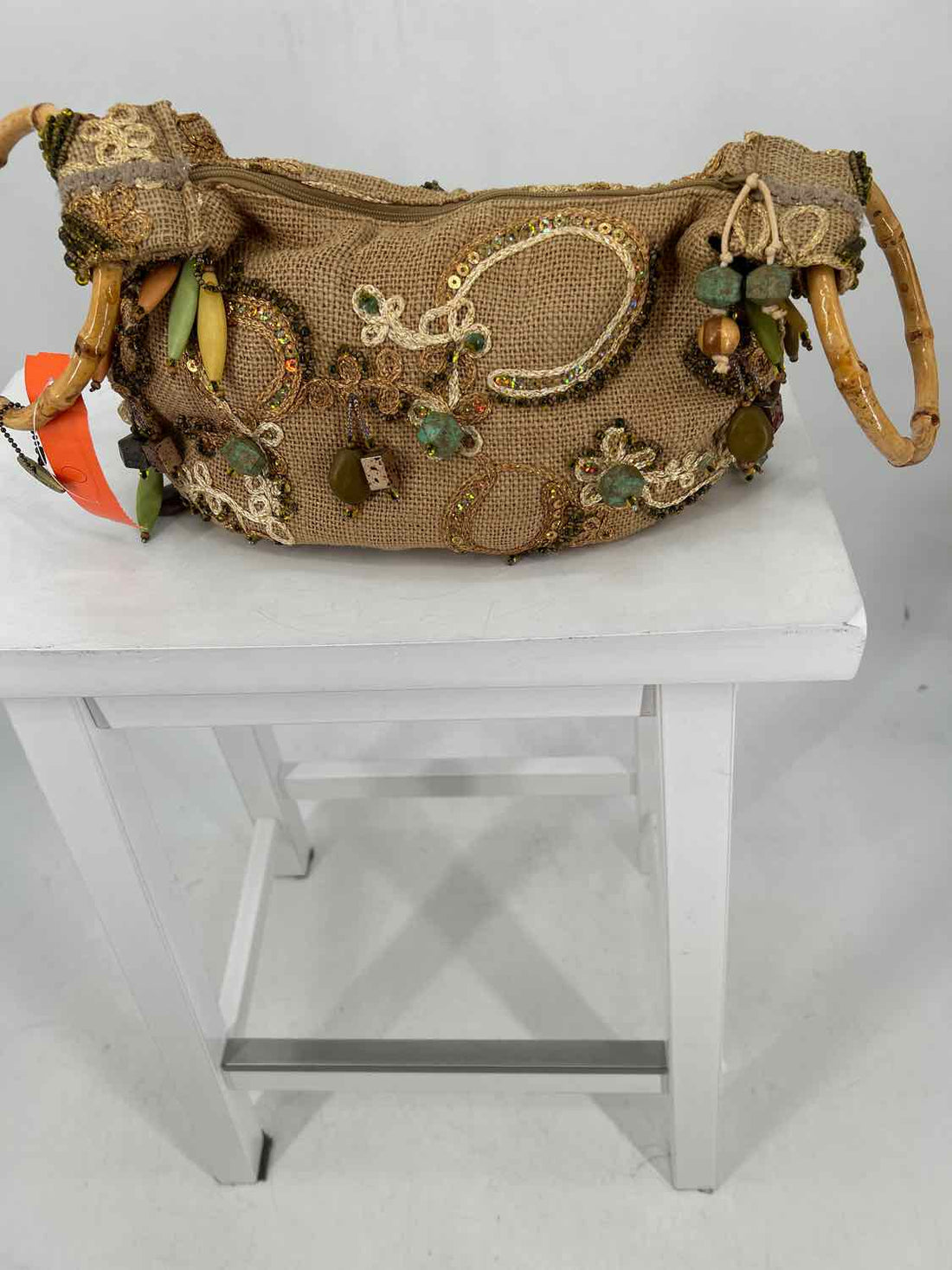 Mary Frances Burlap Vintage Native Bamboo Handle Purse