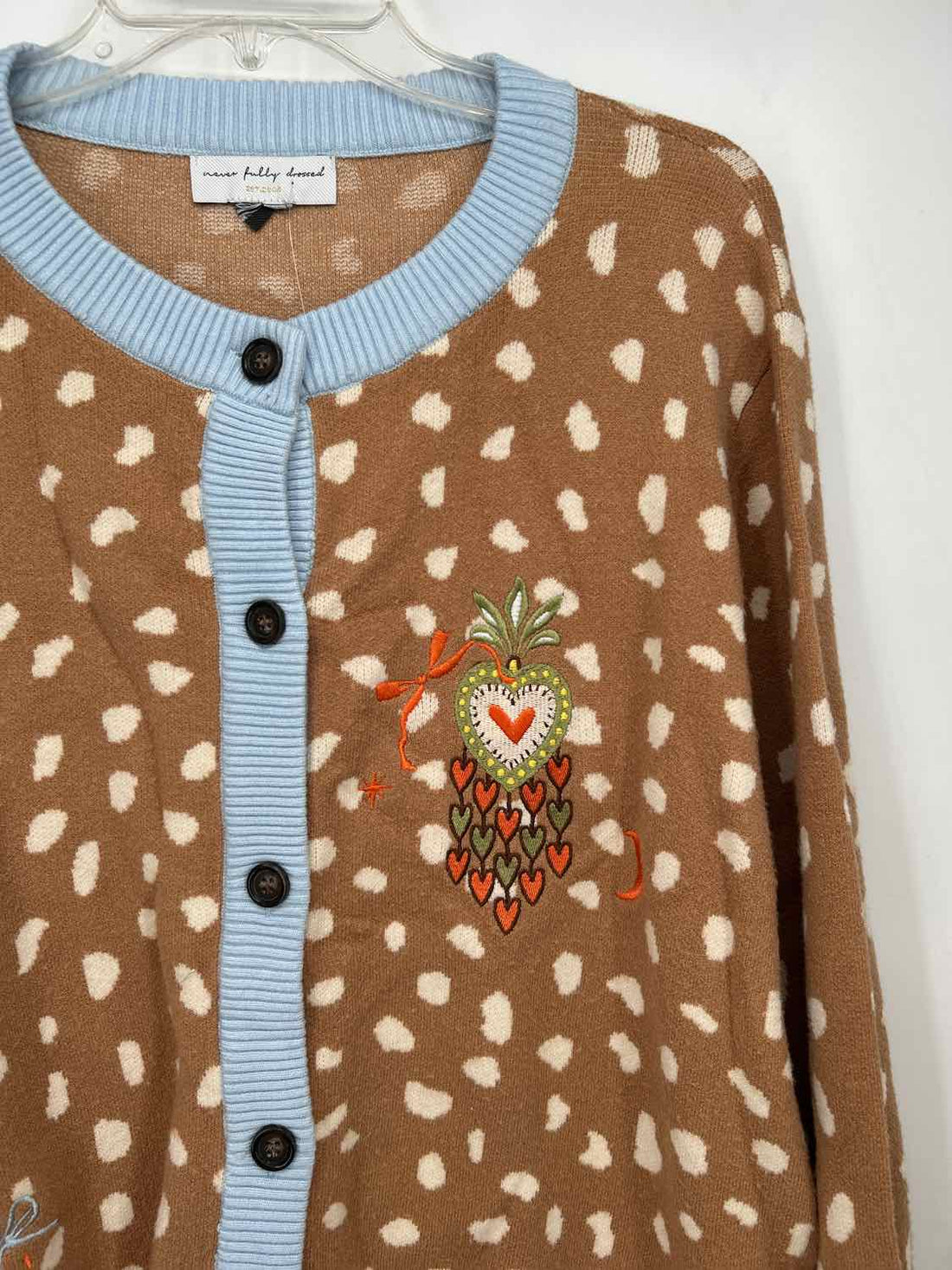 Never Fully Dressed Size L Tan Print Embroidered Cardigan