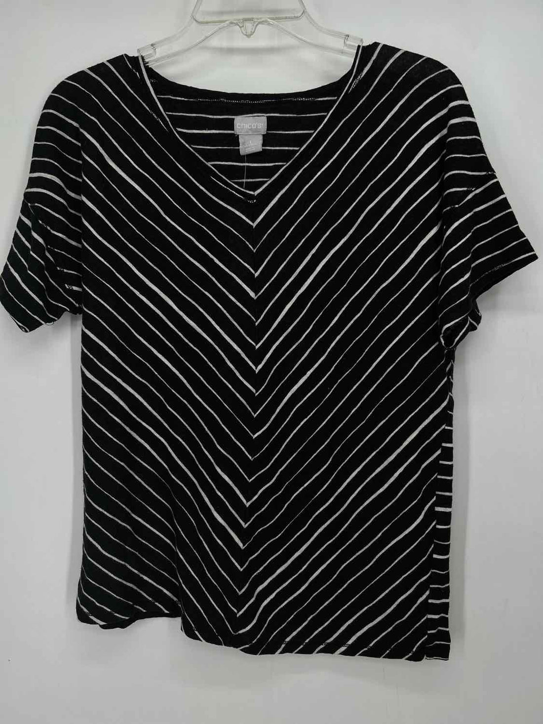 Chicos Size 1(M) Black & White Striped Linen 100% Short Sleeve