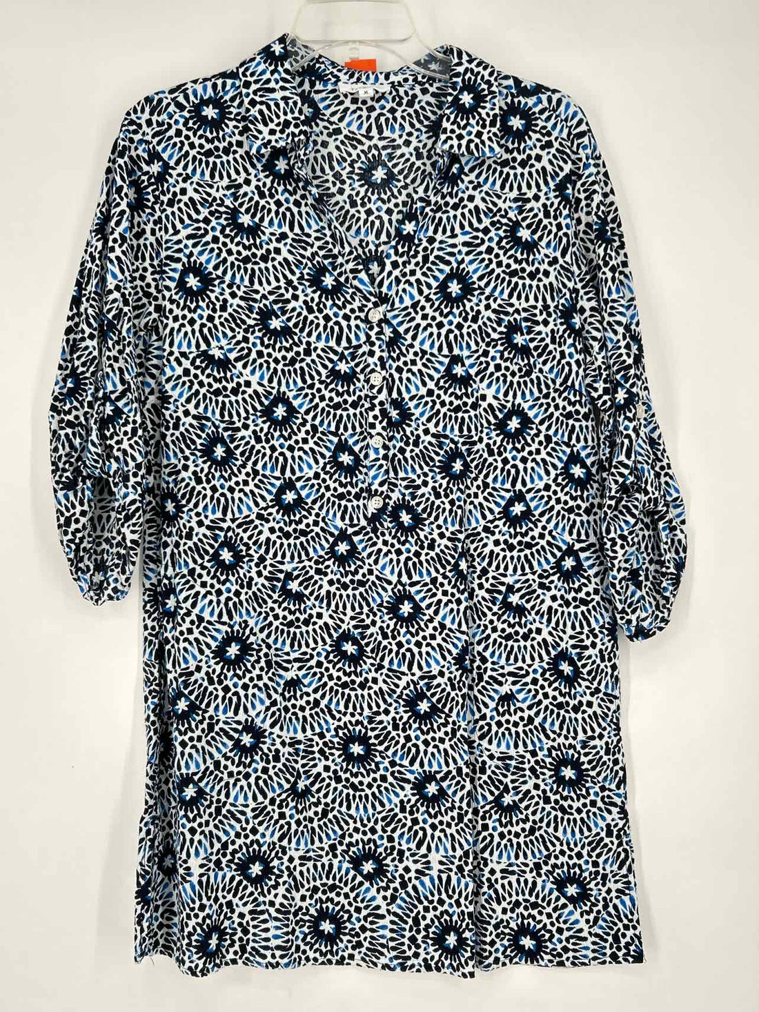 Talbots Size M White Black & Blue Long Sleeve Dress