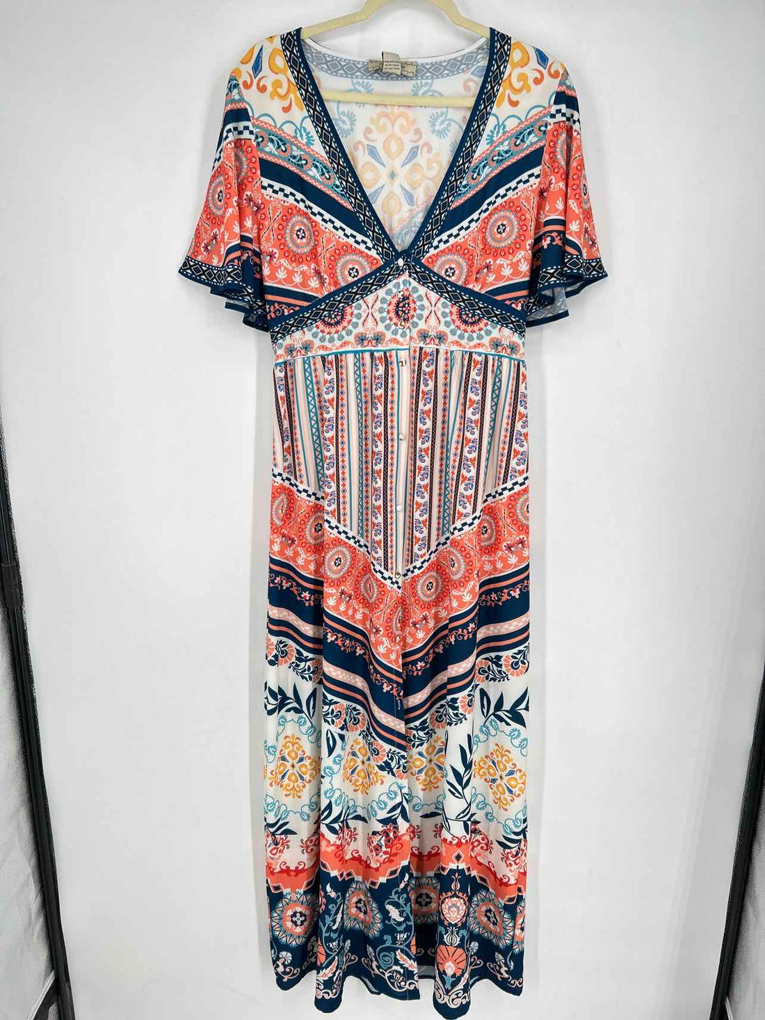 Flying Tomato Size L White & Blue Print Short Sleeve Maxi