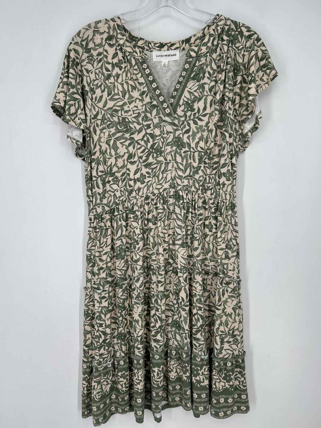 Lucky Brand Size L Beige & green print Short Sleeve Dress