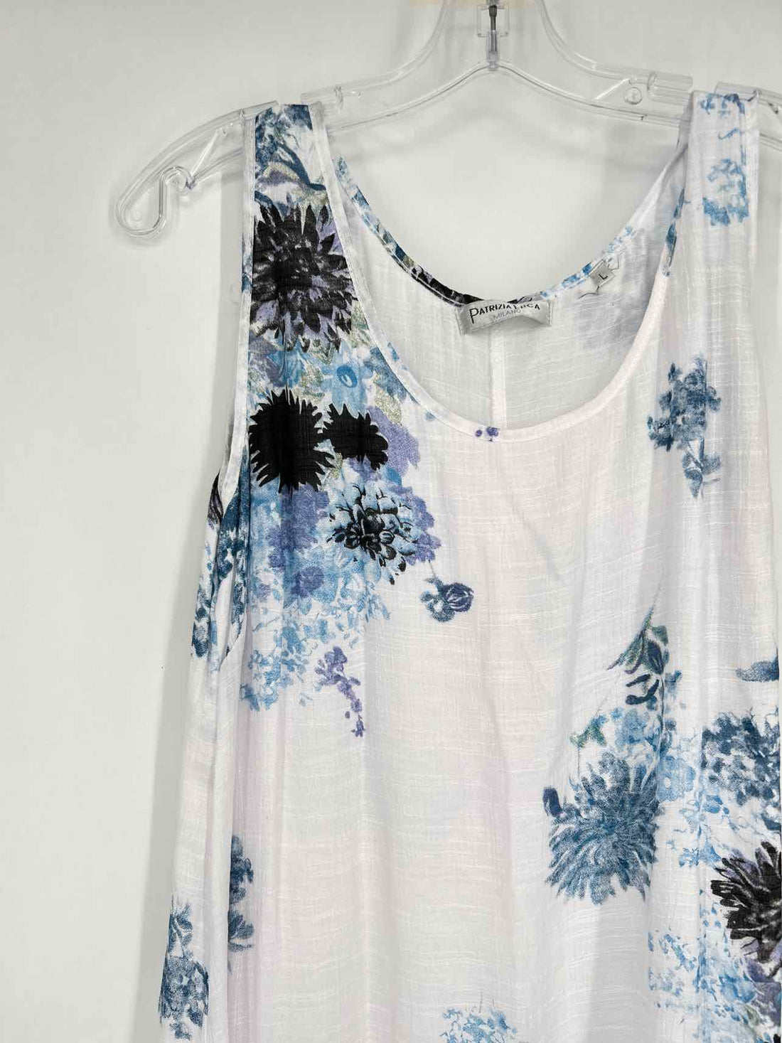 Patrizia Luca Size L White & Blue Floral Sleeveless Dress