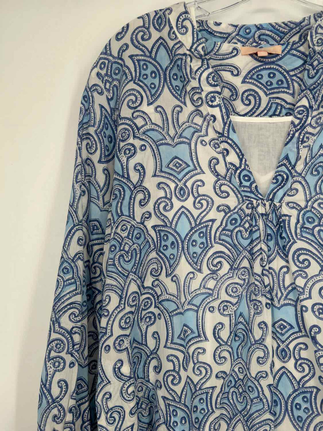 Azure Size S White & Blue Print Cotton Long Sleeve Dress