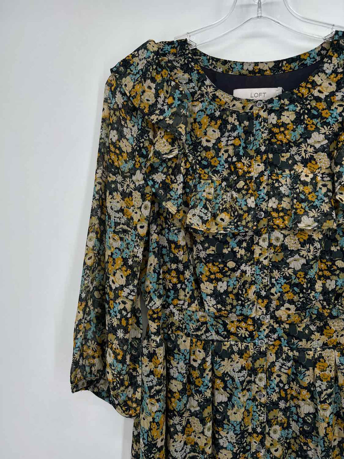 Loft Size L Navy & Yellow Floral Long Sleeve Dress
