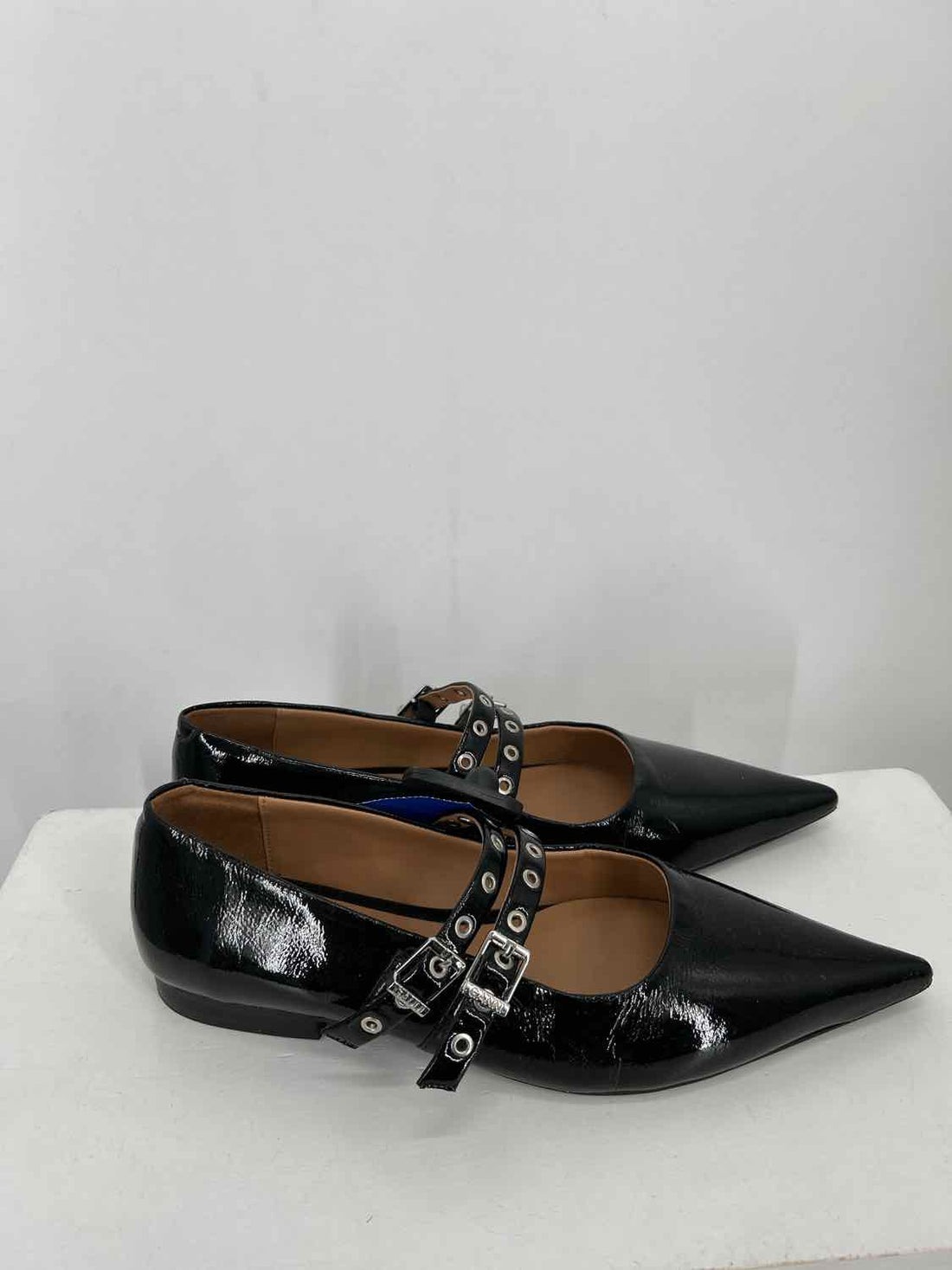 Ganni Women Size 39(8) Black Patent Leather Feminine Buckle Ballerina Flats