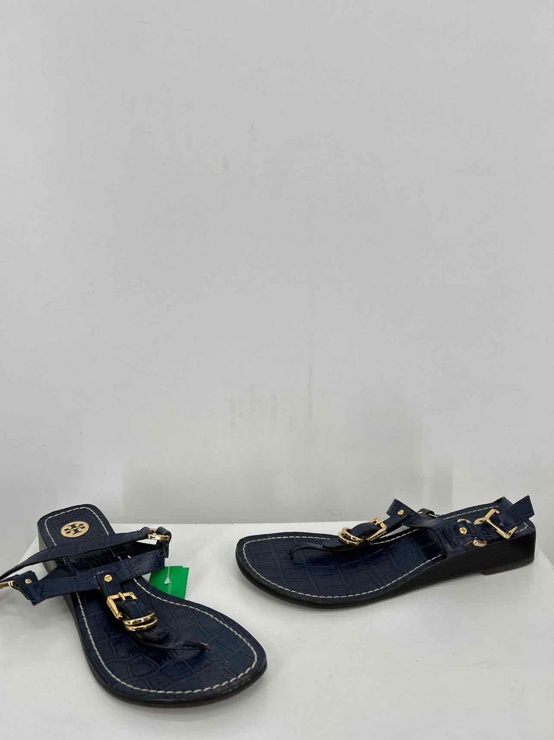 Tory Burch Women Size 6.5 Navy & Gold Croc Embossed Sandals