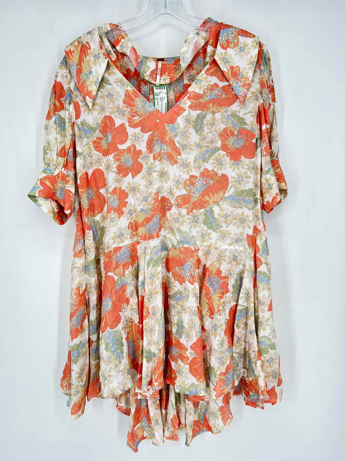 Free People Size S White & Cream Floral Shiny Short Sleeve Dress