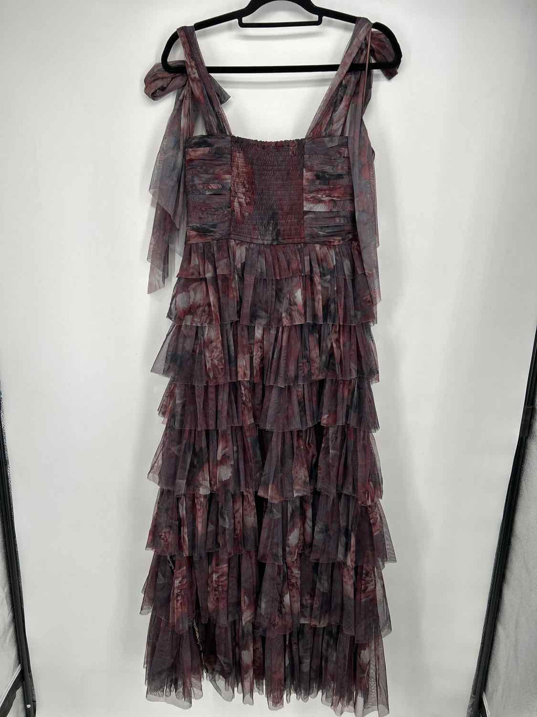 Lace & Beads Size L Gray & Maroon Floral Tulle Tie Straps Maxi