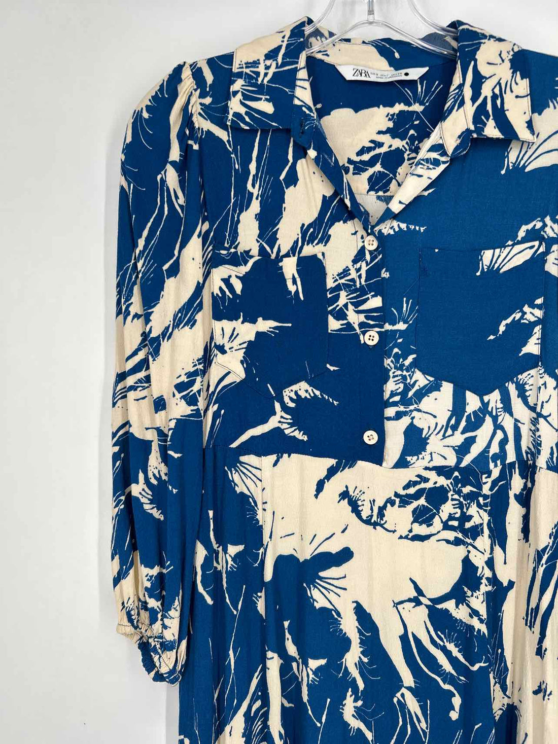 Zara Size S Blue & Beige Print Long Sleeve Dress