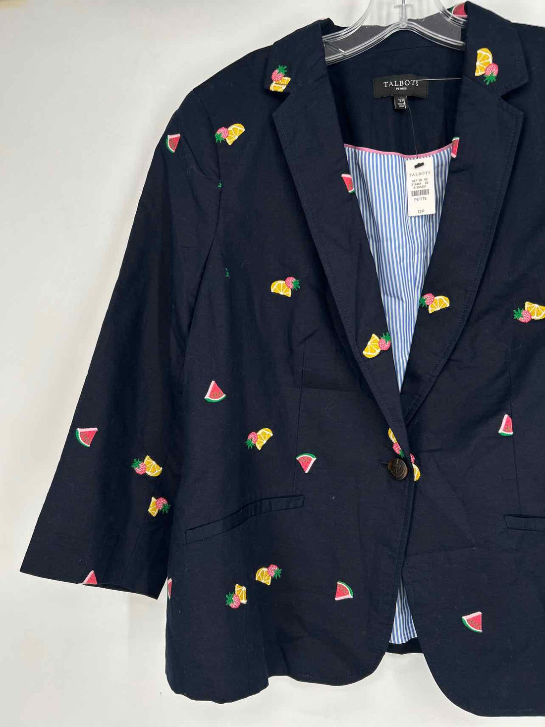 Talbots Size 12P Navy Print Embroidered NWT Blazer
