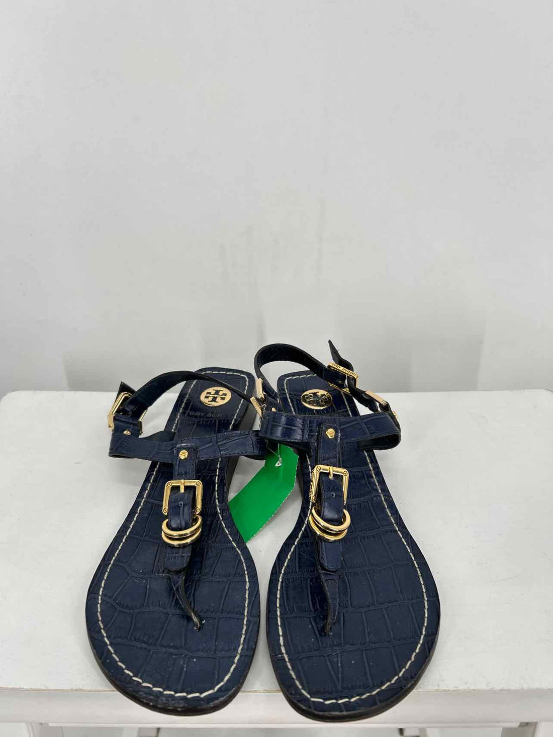 Tory Burch Women Size 6.5 Navy & Gold Croc Embossed Sandals
