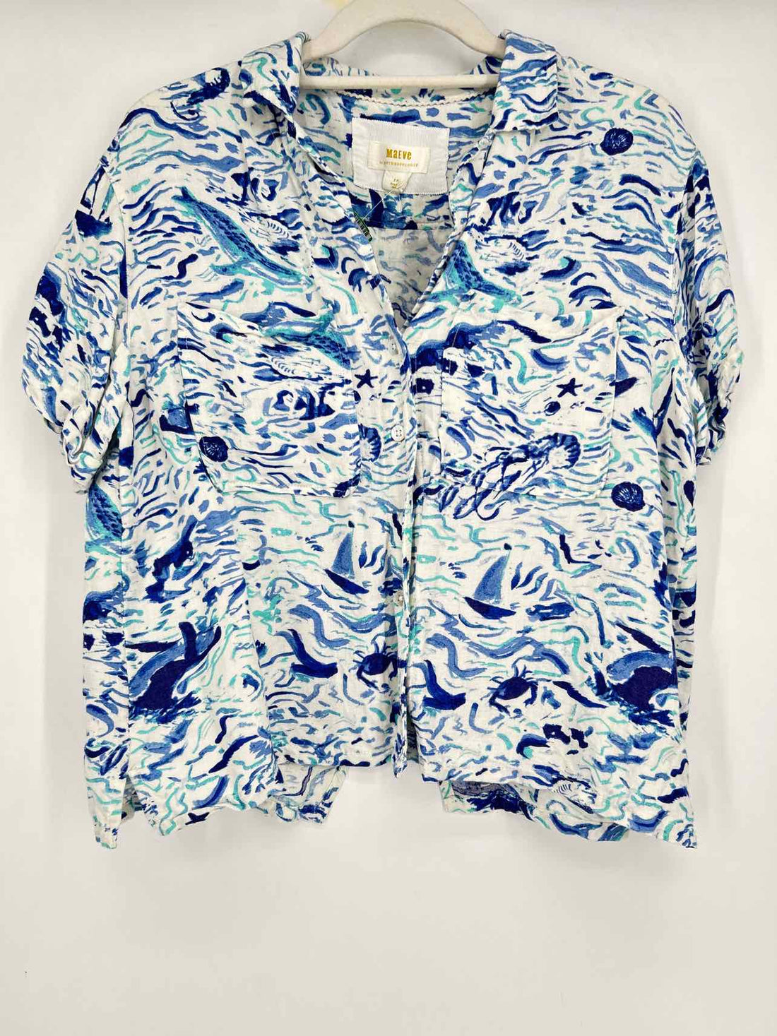 Maeve Size SP White & Blue Print Short Sleeve
