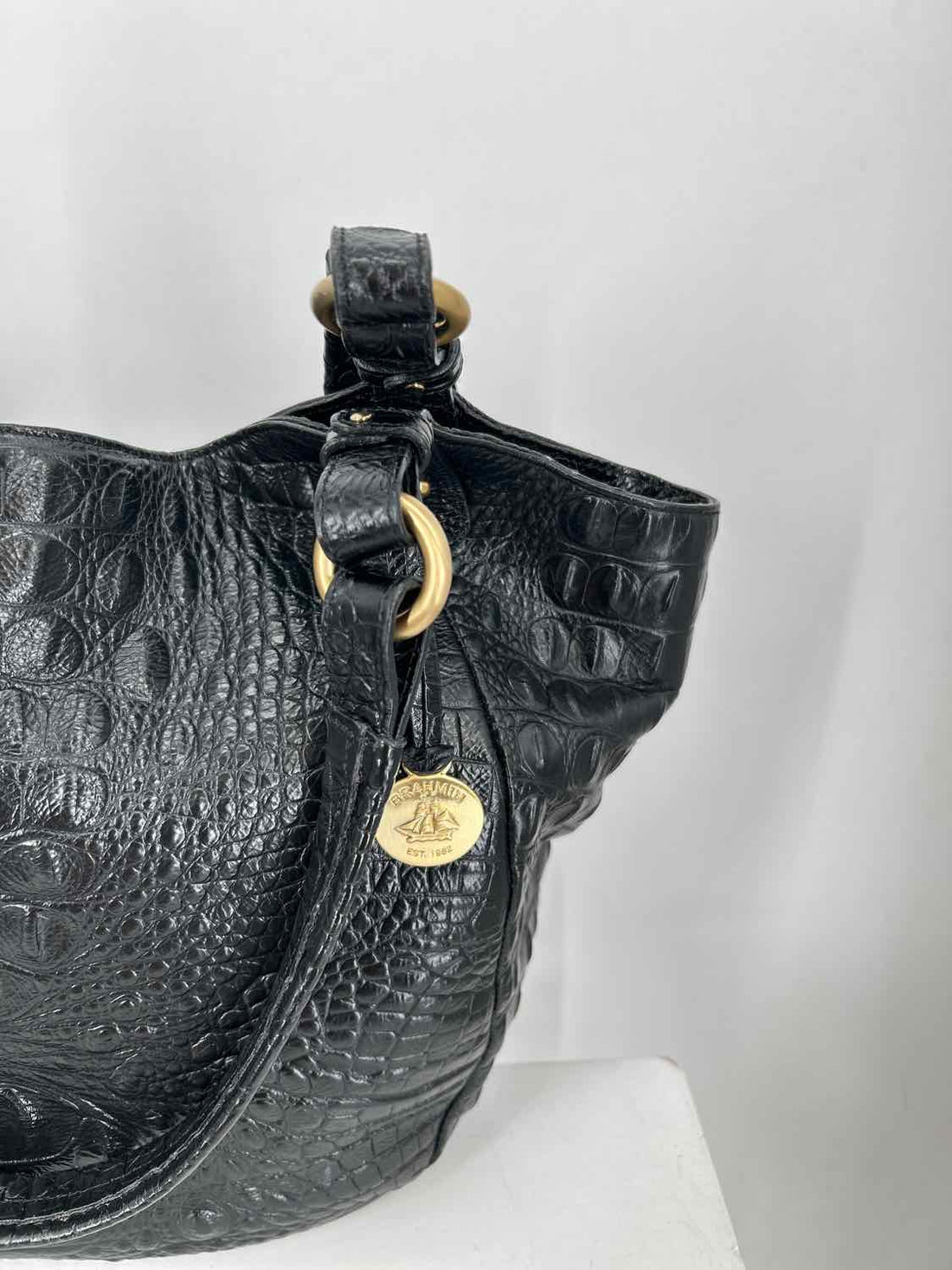 Brahmin Black Croc Embossed Leather Pre Owned Tote