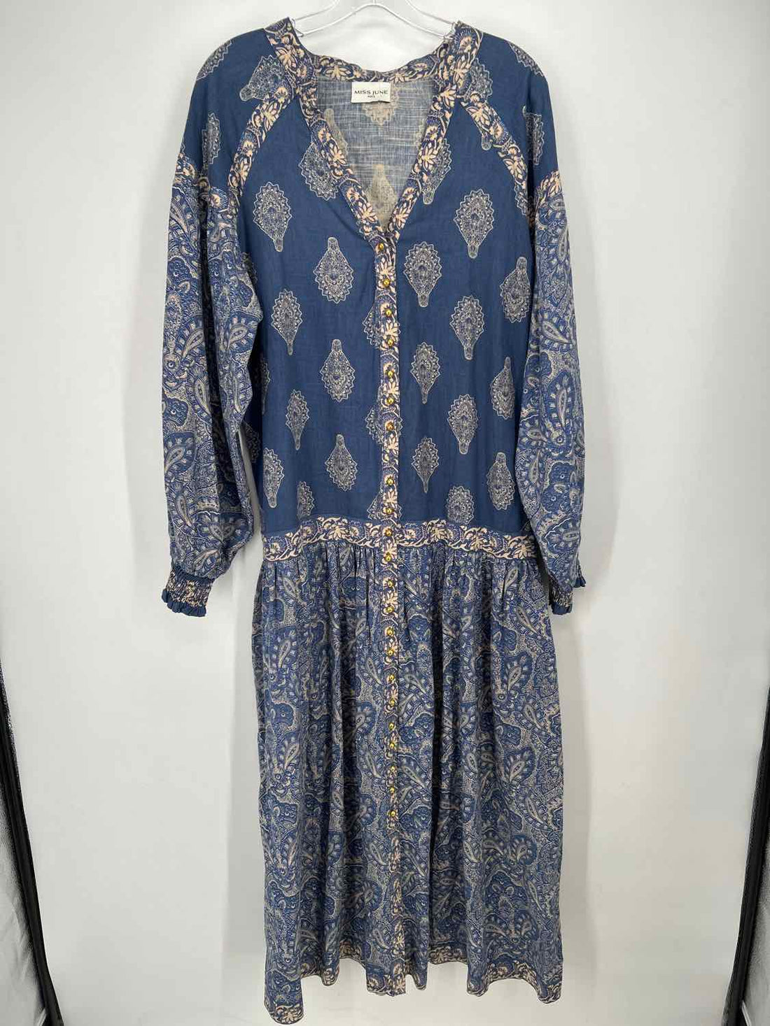Miss June Size One Size Blue & Cream Print Long Sleeve Maxi