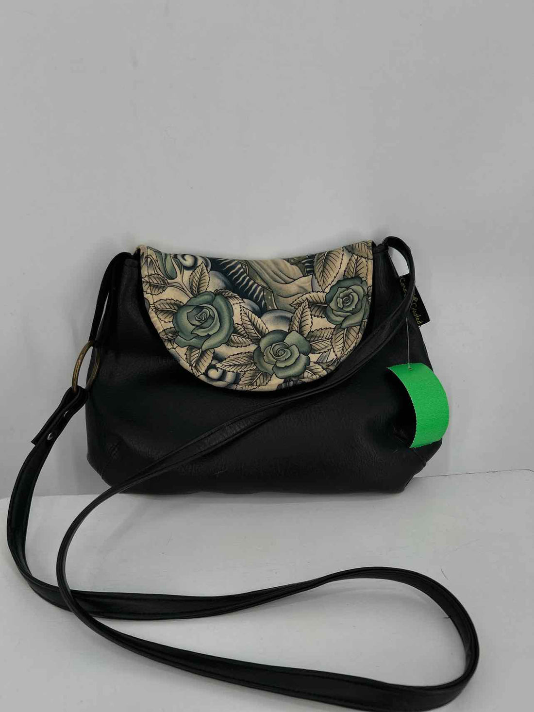 Canary Created Black Blue & Cream Floral Faux Leather Pre Owned Crossbody