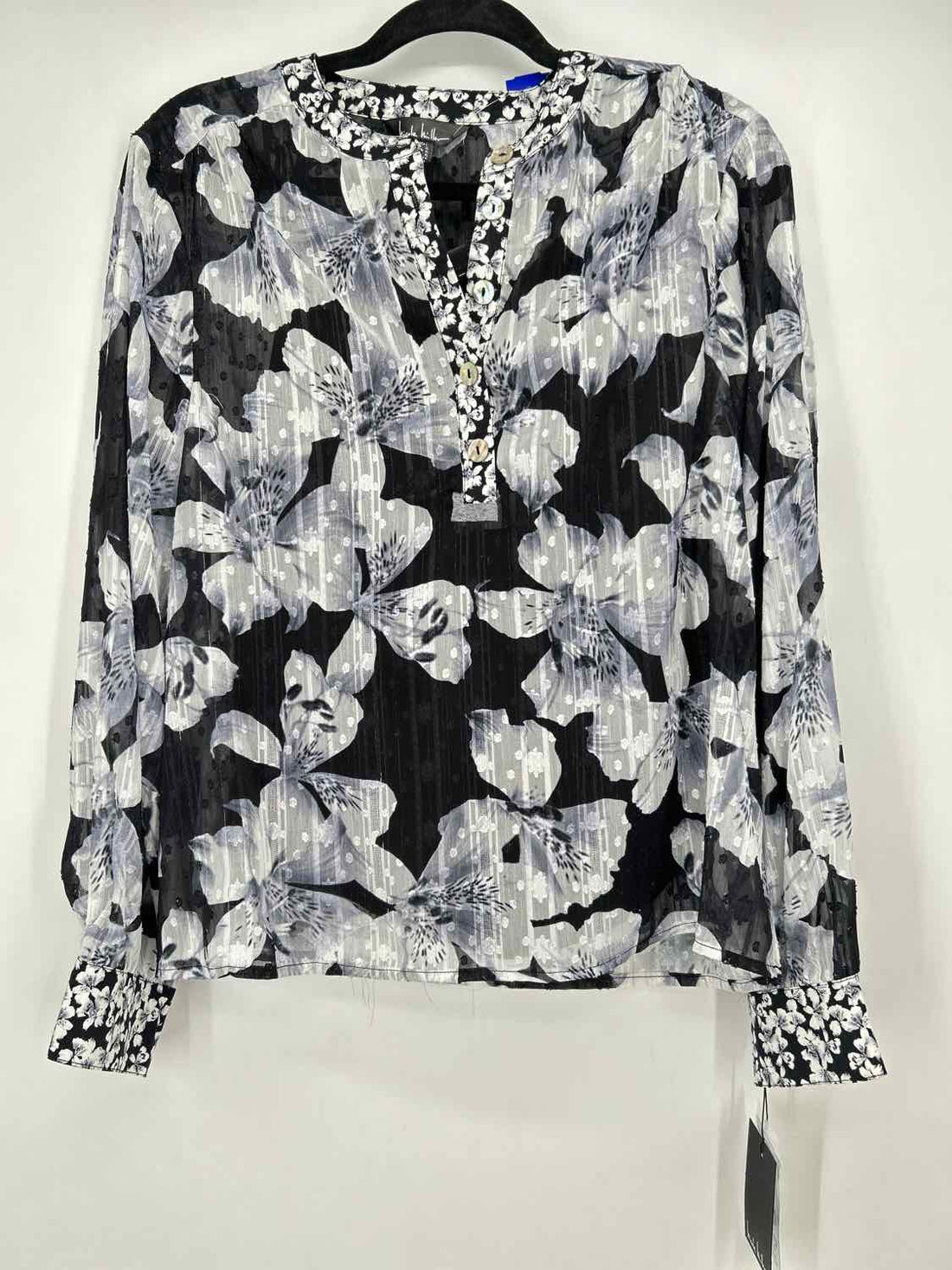 Nicole Miller Size L Black & White Floral Shimmer Long Sleeve