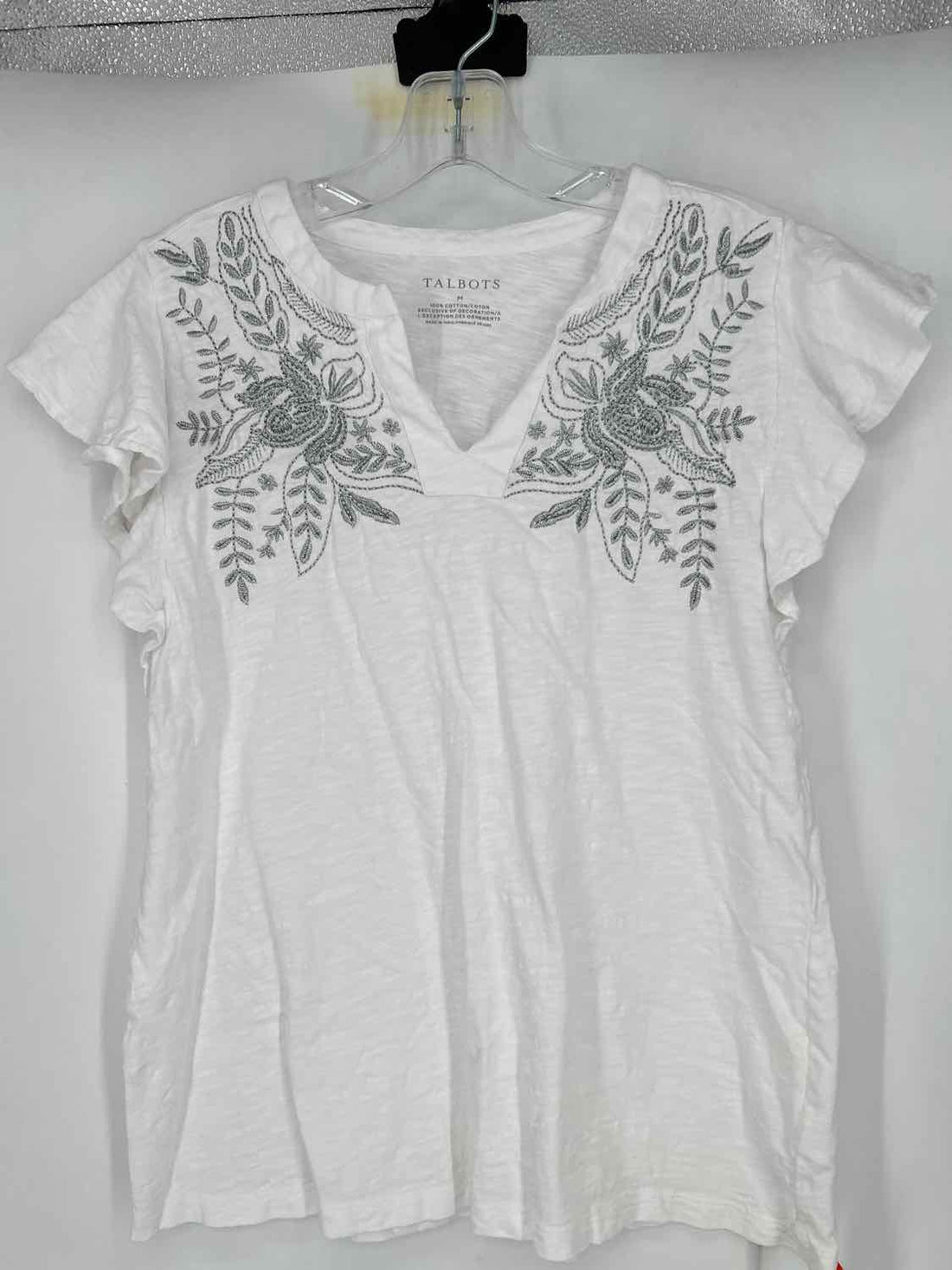Talbots Size M White & Silver Embroidered Short Sleeve