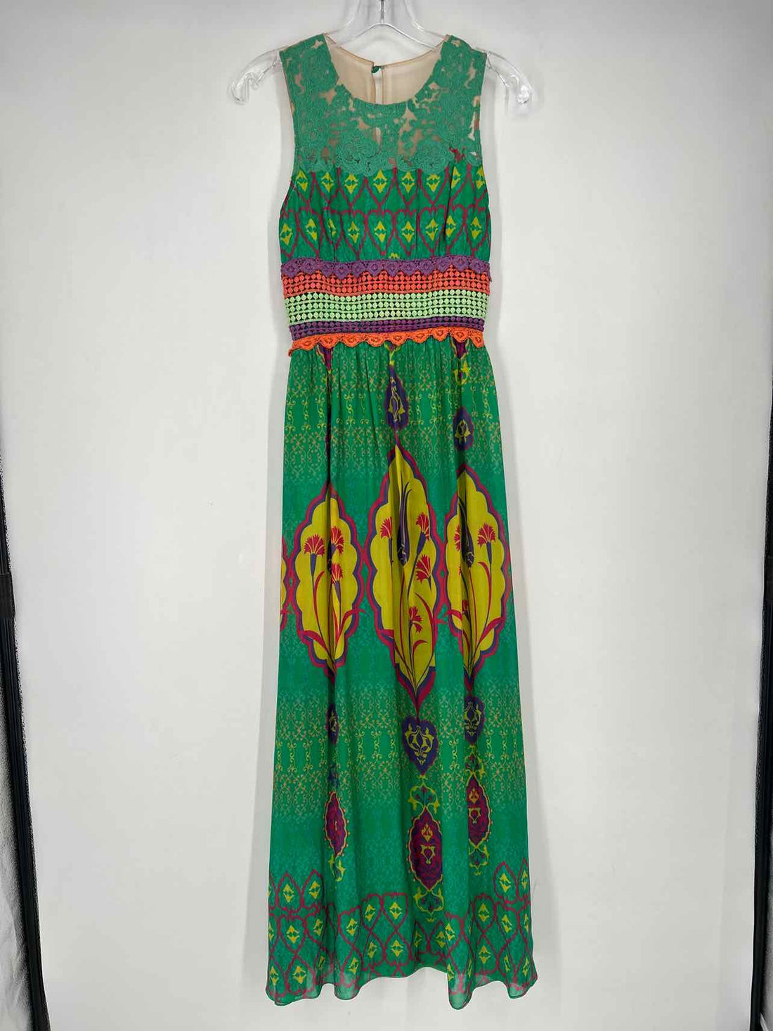 Hemant & Nandita Size 0 Green Print Silk Sleeveless Maxi