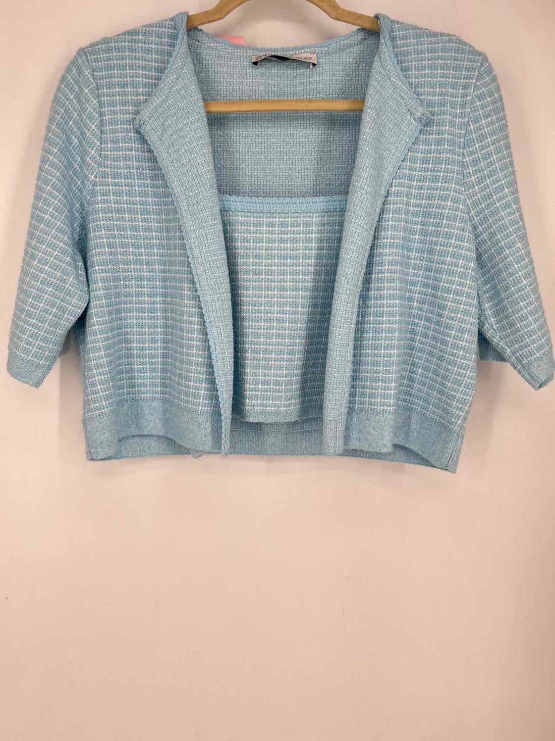 Zara Size L Light Blue & White Tweed Short Sleeve 2PC Sweater Set