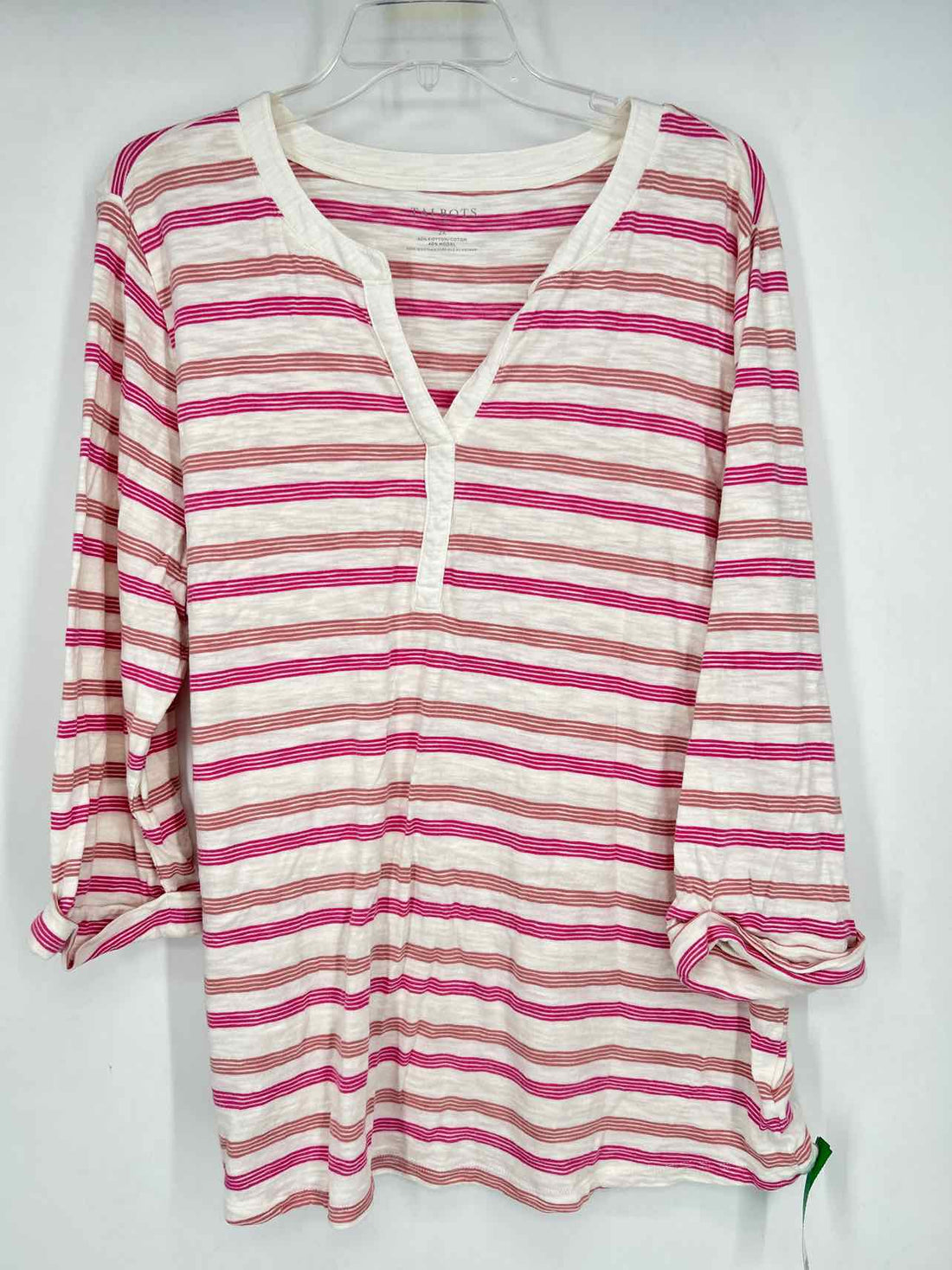 Talbots Size 2X White & Pink Stripe Long Sleeve Top/Blouse