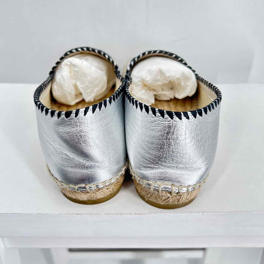 Gucci GG Rafia Espadrille Flat Women Size 38 Silver Pre Owned Leather LUXURY