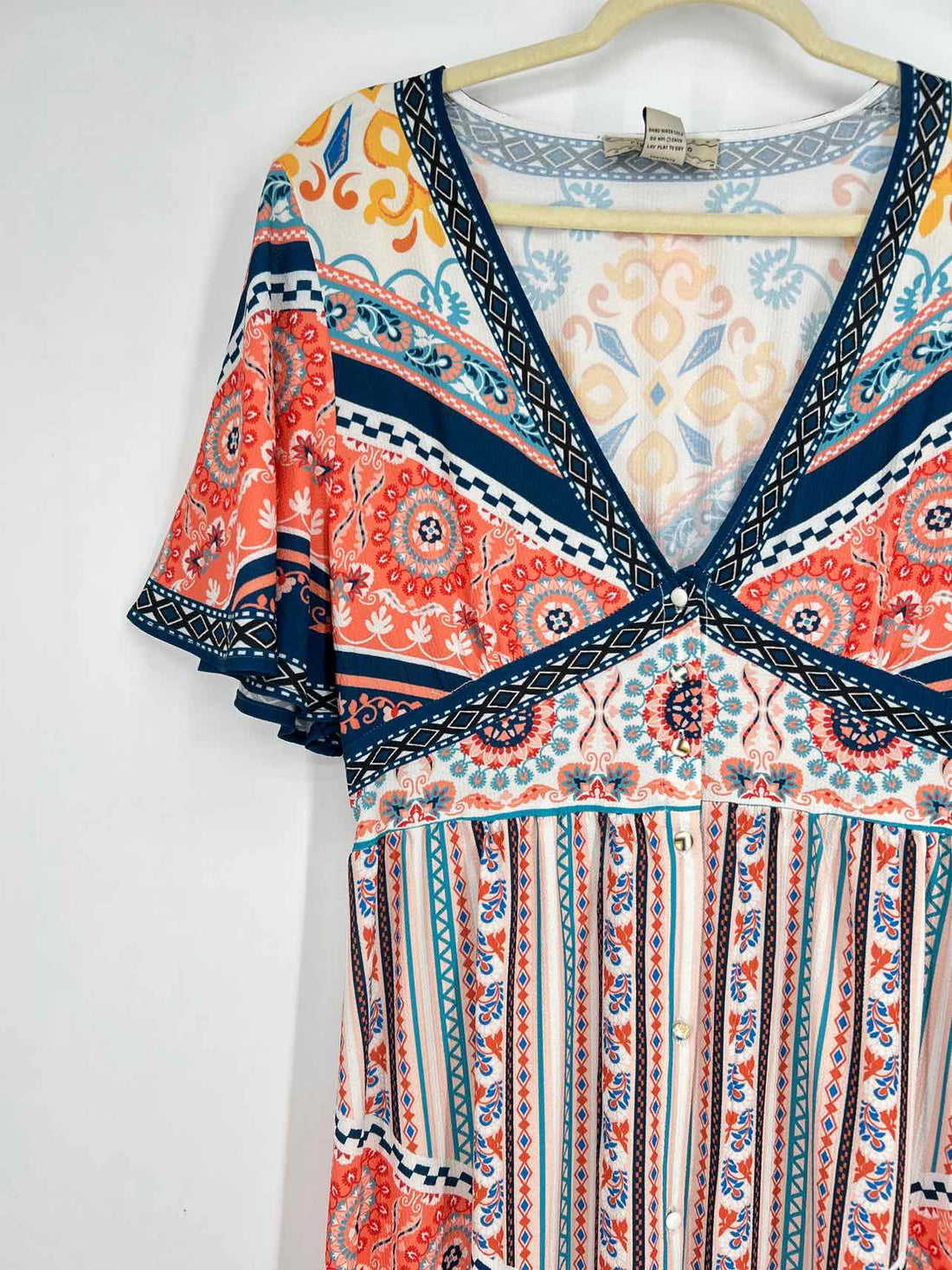 Flying Tomato Size L White & Blue Print Short Sleeve Maxi