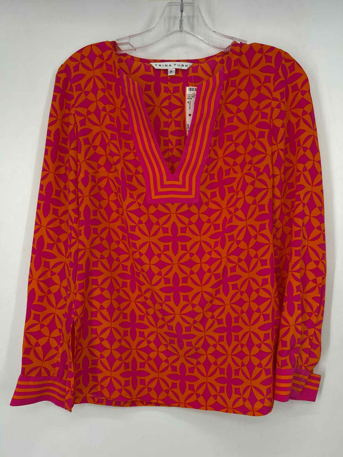 Trina Turk Size P Fuschia & Orange Print Silk Long Sleeve