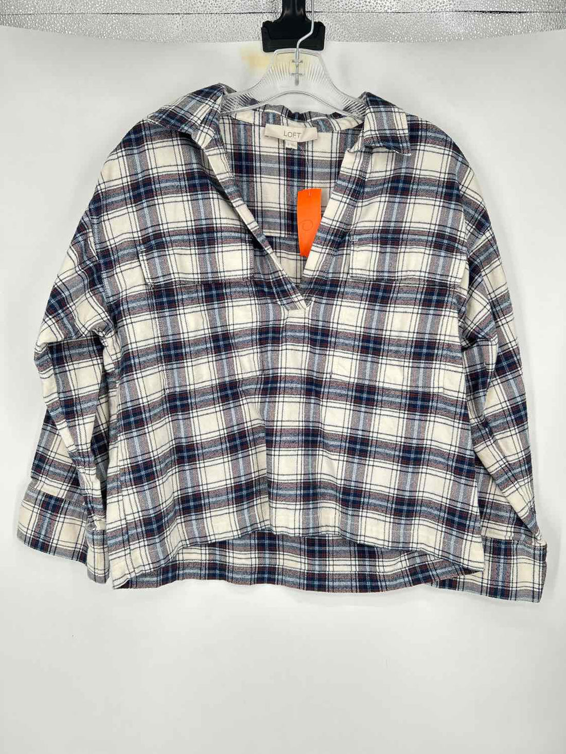 Loft Size S White & Navy Plaid Long Sleeve