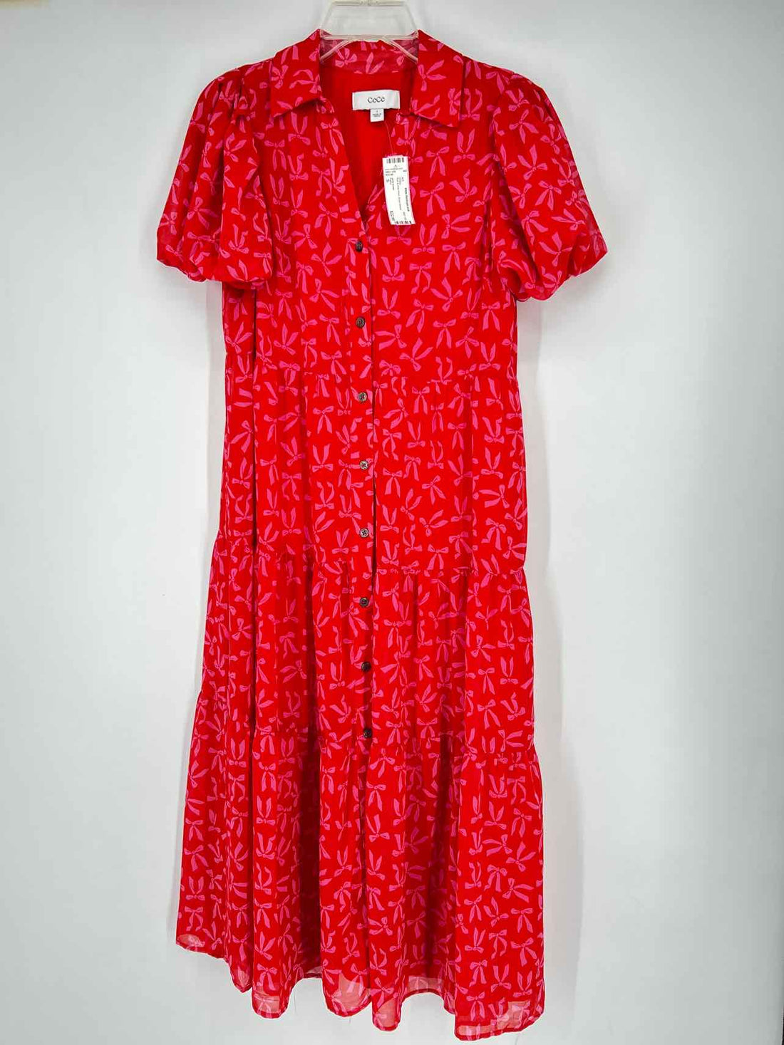 CeCe Size S Red & Pink Print Short Sleeve Dress