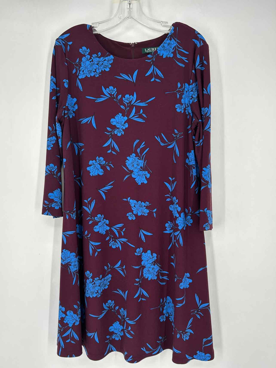 Lauren Ralph Lauren Size 10 Burgandy & Blue Floral Long Sleeve Dress