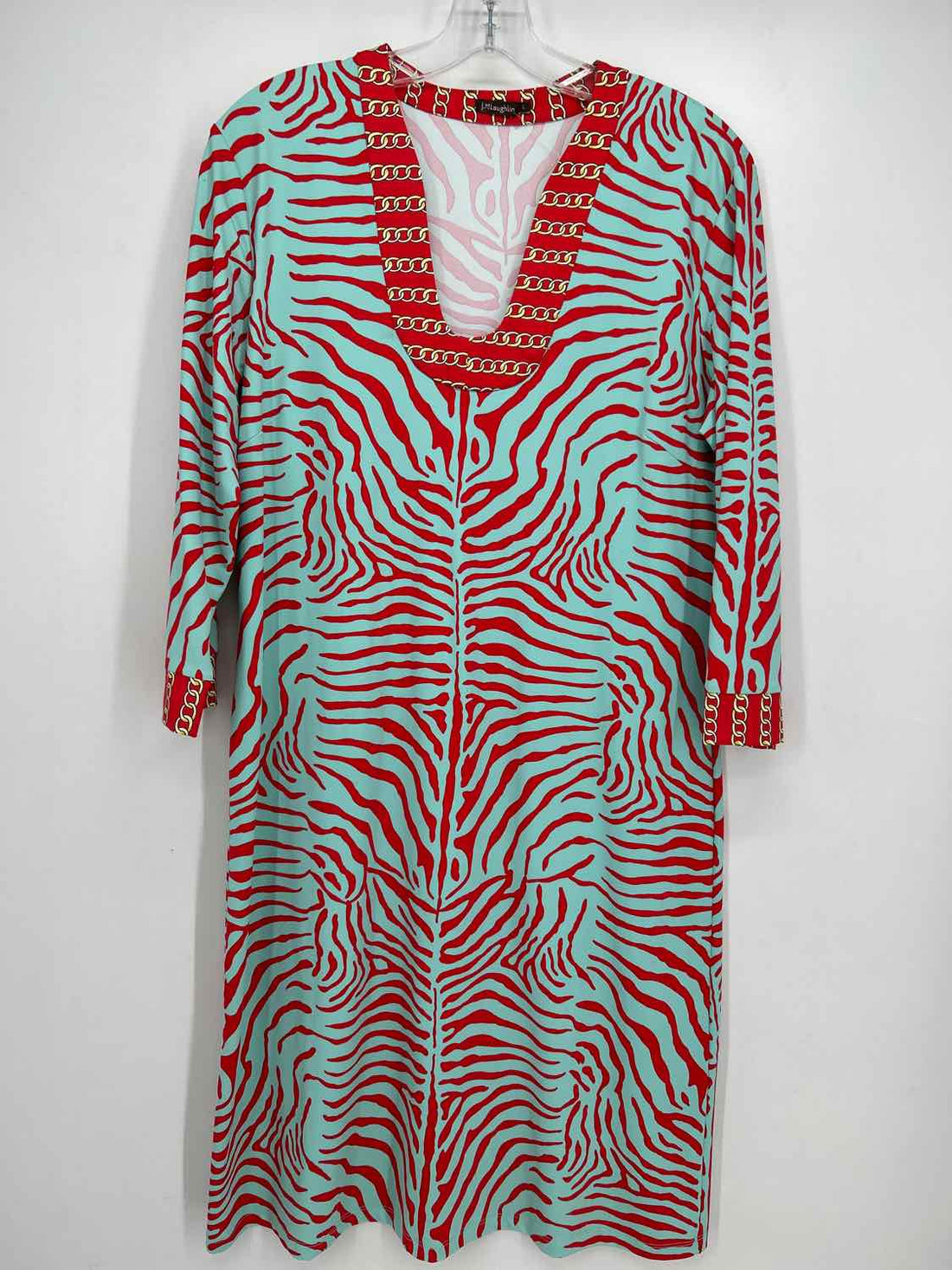 J McLaughlin Size L Light Blue & Red Zebra Print Dress