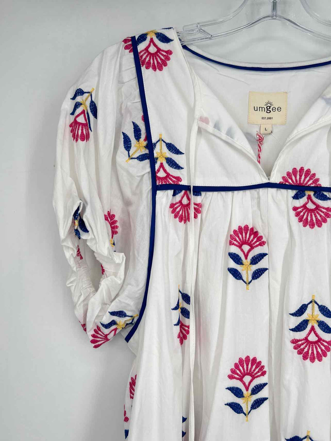 Umgee Size L White Blue & Pink Print Embroidered NWT Dress