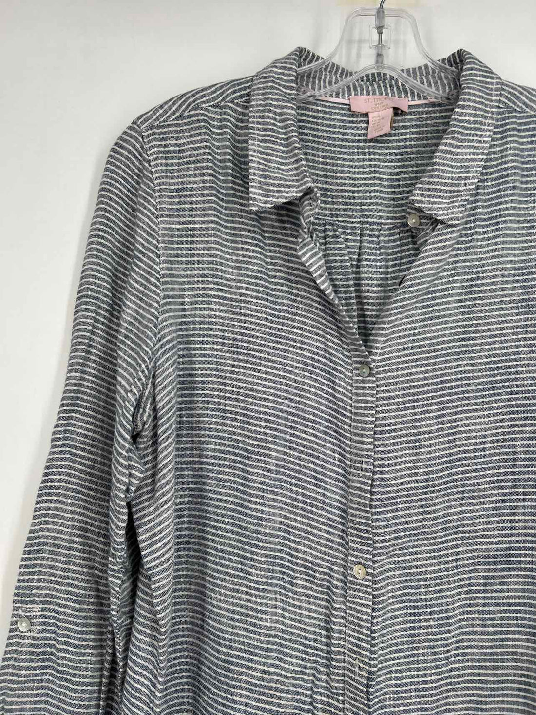 St Tropez West Size M Navy & White Striped Linen Long Sleeve