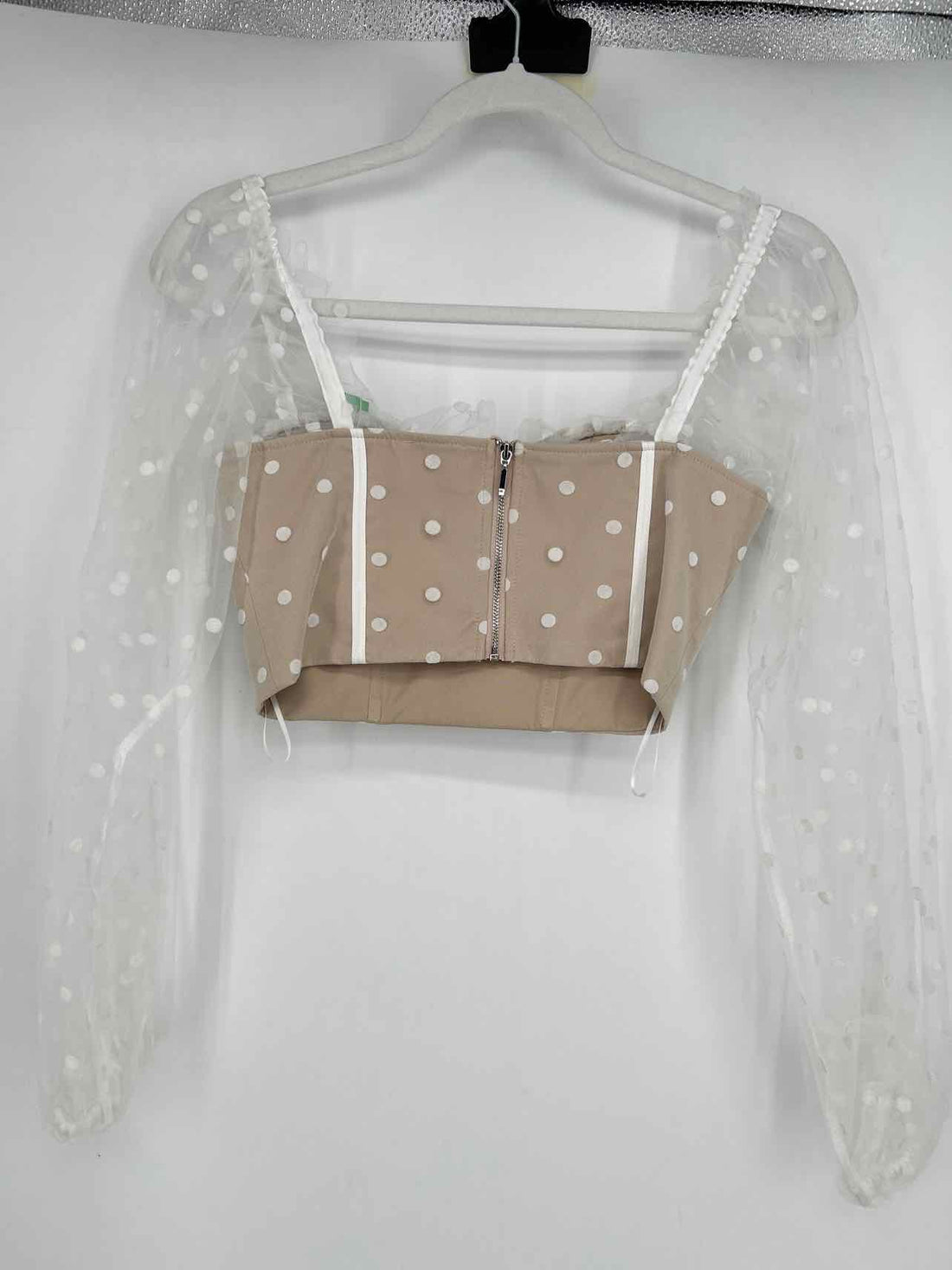 Hello Molly Size S White & Khaki Polkadot Mesh Long Sleeve