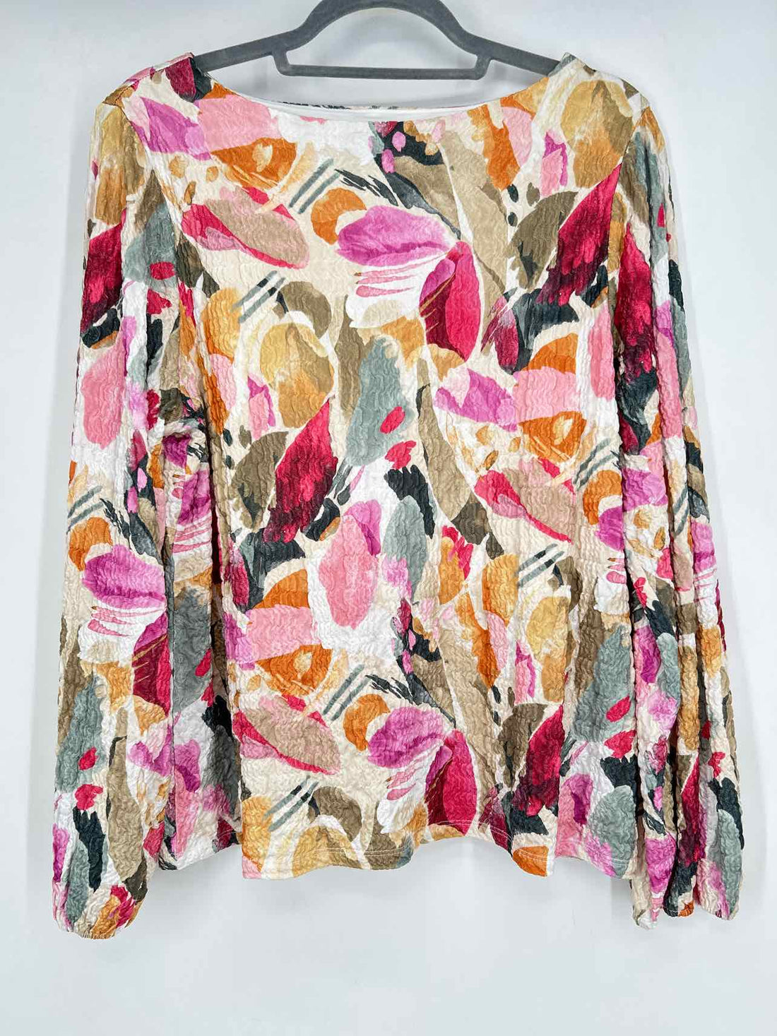 Chicos Size 2/L Olive & Mustard Print Long Sleeve