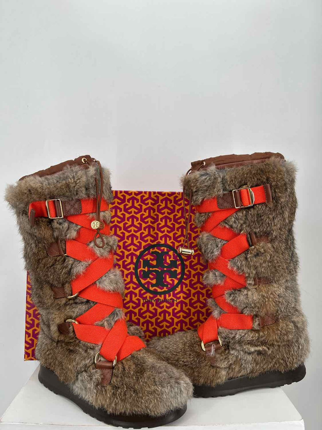 Tory Burch Women Size 9 Brown & Orange New Rabbit Fur Mid Calf Boot